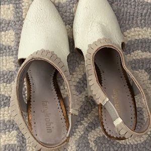 White Anthropolgie Heels with White Fringe Detail